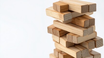 Jenga tower toppling gameplay indoor setting closeup image minimalist background dynamic perspective balance challenge