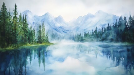 Misty mountain lake with pine forest reflection in watercolor style