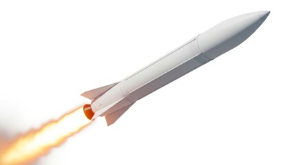 A ballistic missile ascends against a plain white background, showcasing its powerful trajectory and fiery exhaust.