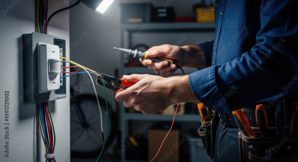 Poster side angle of professional wiring a motion sensor switch in a garage demonstrating the use of a volt