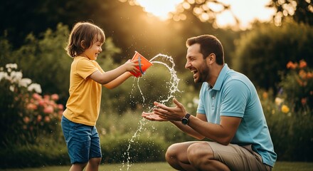 Father and son playing in the garden with water on a sunny summer day