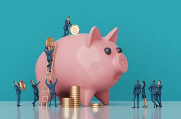 Business people and piggy bank. Investment, Saving, and Money Growth Consultancy. The scene symbolizes strategic financial planning, wealth management, profit growth, 3D rendering 