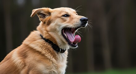 Dog yawning with its mouth wide open in nature.