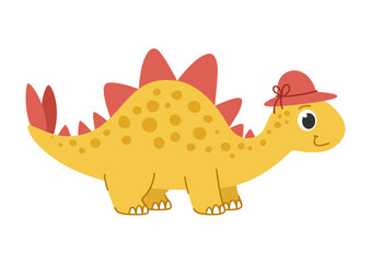 Childrens cartoon dinosaur stegosaurus. Cute yellow dinosaur with red spikes and a hat. Cute little prehistoric animal. Vector illustration.