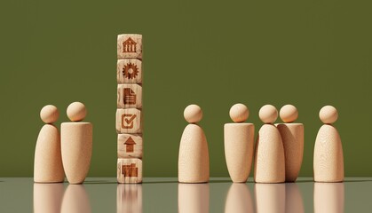 Wooden People with Business Icon Cubes – Teamwork, and Success Concept. The scene symbolizes people working together to build ideas, manage resources, and achieve common goals in business 3D rendering
