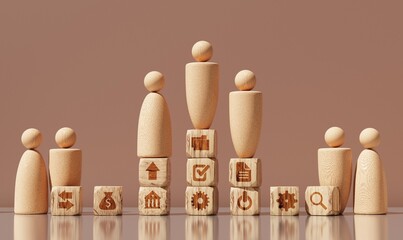 Wooden People with Business Icon Cubes – Teamwork, and Success Concept. The scene symbolizes people working together to build ideas, manage resources, and achieve common goals in business 3D rendering