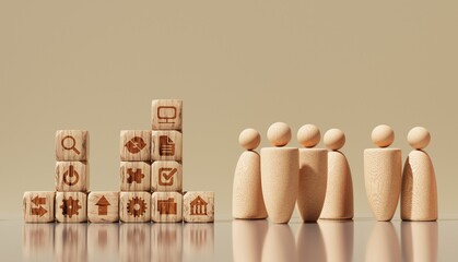 Wooden People with Business Icon Cubes – Teamwork, and Success Concept. The scene symbolizes people working together to build ideas, manage resources, and achieve common goals in business 3D rendering