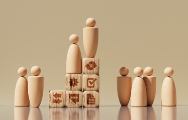 Wooden People with Business Icon Cubes – Teamwork, and Success Concept. The scene symbolizes people working together to build ideas, manage resources, and achieve common goals in business 3D