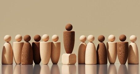 Wooden Miniature People and the Leaves stays on cube. Wooden figurines symbolise leadership, diversity, teamwork, equality, and inclusion, unity, mixed race identity, 3D