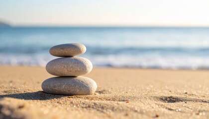 Tres piedras lisas apiladas en equilibrio sobre la arena, con fondo desenfocado de mar tranquilo.