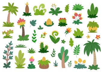 Childrens cartoon prehistoric plants set. Tropical exotic plants of the Jurassic, Cretaceous periods of dinosaurs time. Thick trees, palms, fancy bushes and flowers collection.