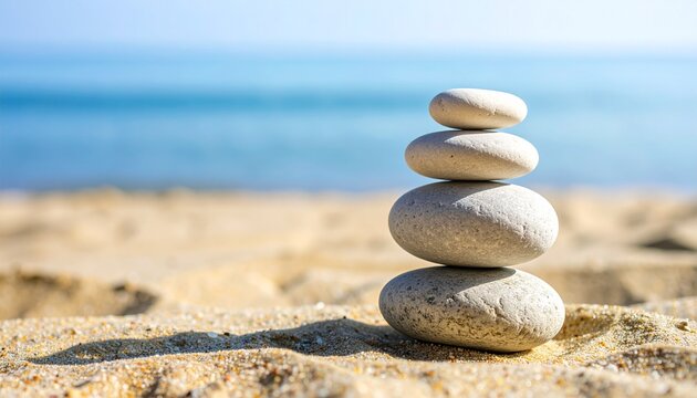 Tres piedras lisas apiladas en equilibrio sobre la arena, con fondo desenfocado de mar tranquilo.