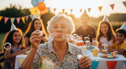 Happy Family Birthday Party with Grandmother Blowing Bubbles Outdoors