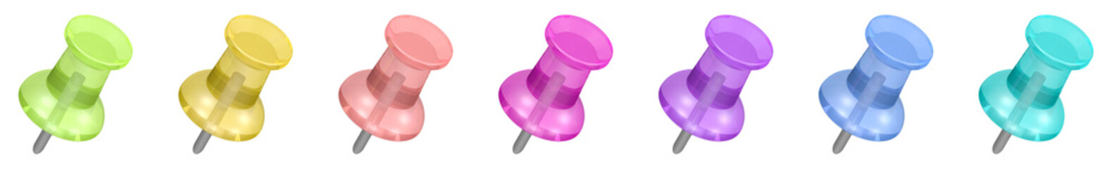 sieben bunte transparente Pins, eingesteckt, isoliert