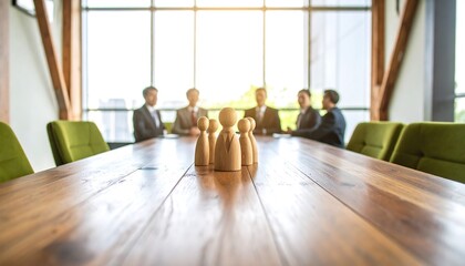 Wooden figures on a conference table, blurred businessmen in the background, bright window