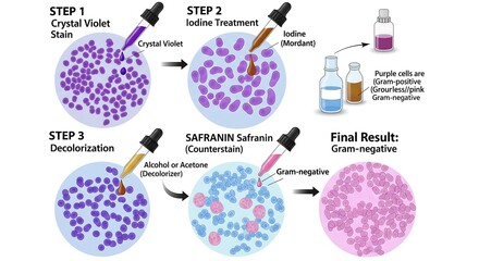 Detailed infographic explaining the laboratory technique of Gram staining for classifying Gram-positive and Gram-negative bacteria