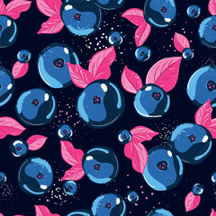A lively design featuring blueberries and pink leaves on a dark background, perfect for various projects.
