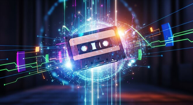 Retro Cassette Tape Digital Transformation Concept, Music Technology, Data Transfer, Futuristic - Powered by Adobe