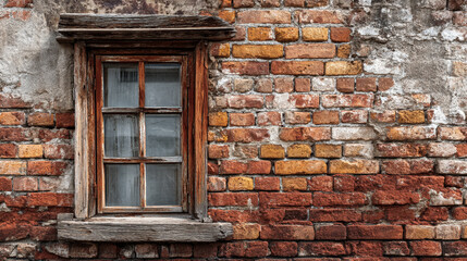 Rustic wooden window set against a weathered brick wall in a historical building