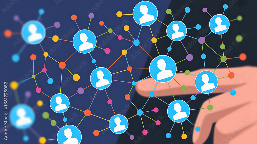 Poster abstract visualization of a social media network with interconnected user profiles and a pointing ha