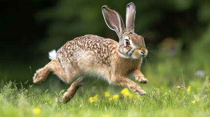 Fototapeta premium Wild rabbit hopping across a meadow nature closeup photography vibrant green background