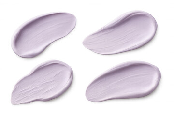 Four smears of purple cosmetic cream on a transparent background, perfect for beauty and skincare projects