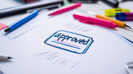 Project approval stamp closeup office workspace document type professional environment top-down view project management insight