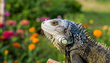 Obraz premium Green Iguana Reptile Close Up Portrait in a Garden with Colorful Flowers.