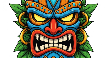 Vibrant tiki mask with fierce expression and ornate details for tropical themed designs