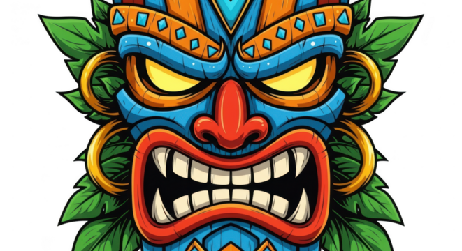Vibrant tiki mask with fierce expression and ornate details for tropical themed designs