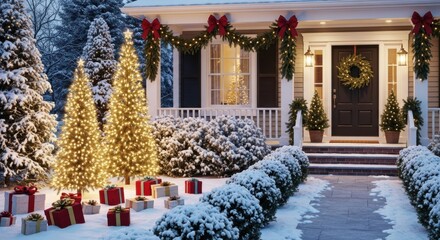Festive Winter Holiday Home Decoration Scene with Snow Covered Trees and Presents