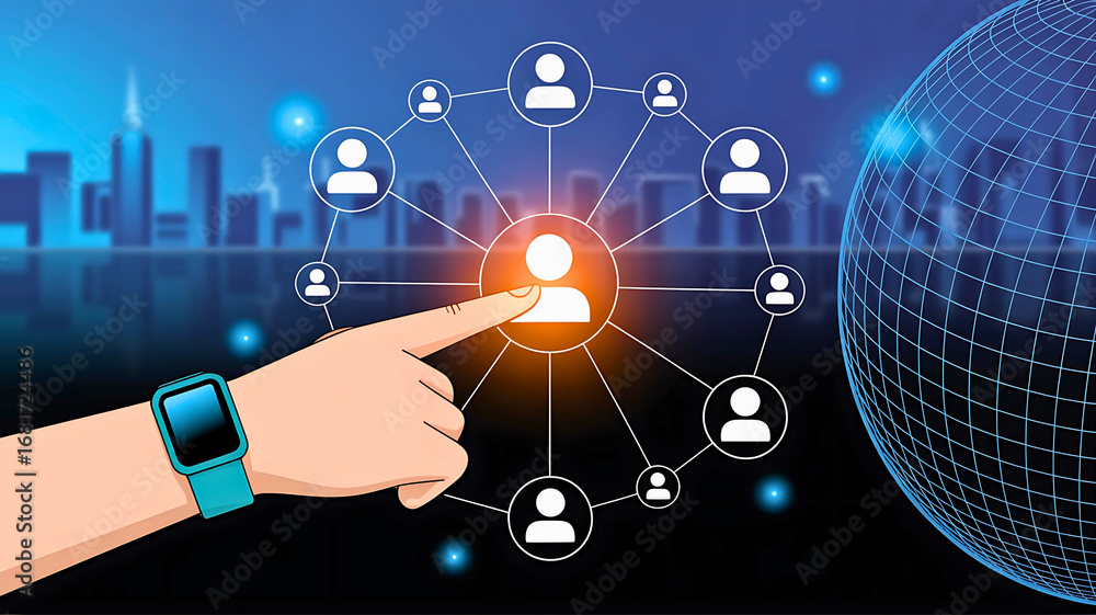 Poster digital network connections and global communication technology concept with a finger touching a con