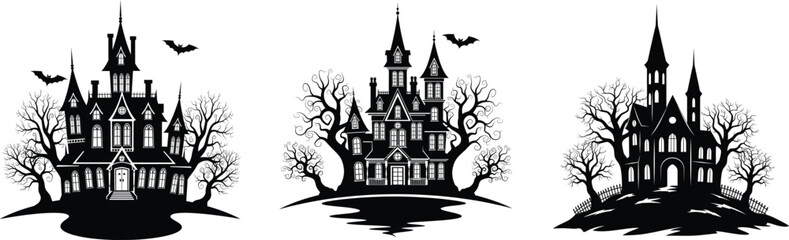 Obraz premium Silhouette of Haunted Vampire Castle and Ghost House on Halloween Night
