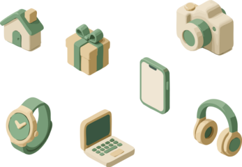 This image shows a set of isometric icons featuring a house, gift box, camera, smartwatch, laptop, smartphone, and headphones in beige and green tones.