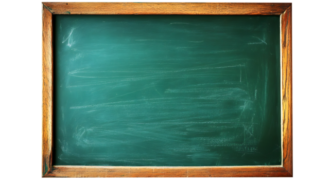Green Chalkboard with Wooden Frame and Chalk Marks isolated on a transparent background