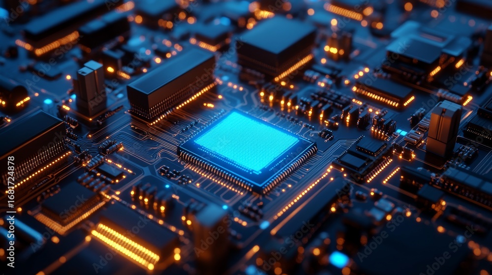 Poster illuminating semiconductor nano circuits in a futuristic lab aerial view of digital art and electron