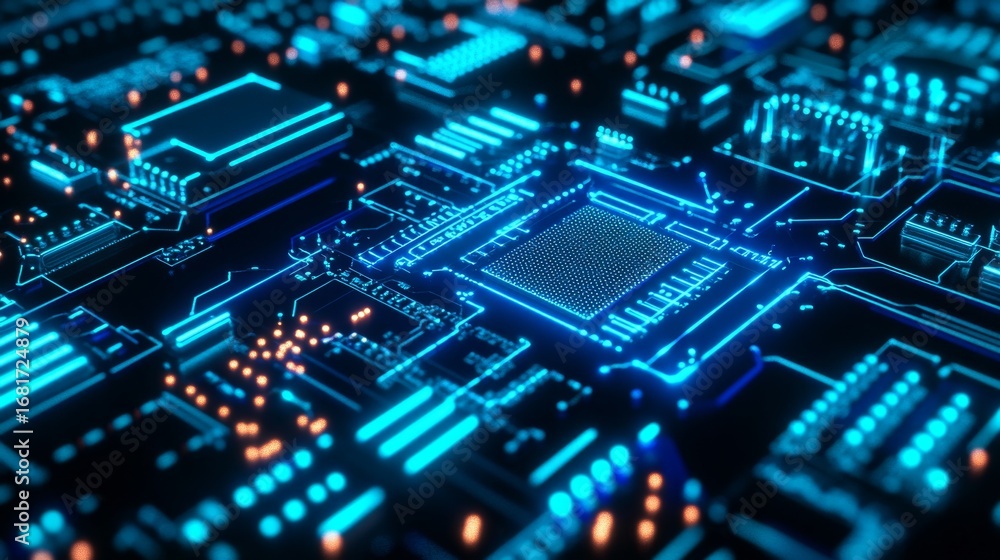 Poster glowing semiconductor nano circuits close-up view technology environment high-tech concept