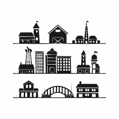 Fototapeta premium A collection of stylized silhouette buildings, depicting cityscapes and structures