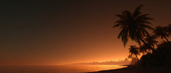 Silhouetted palm trees along a peaceful beach under a warm, glowing sunset.