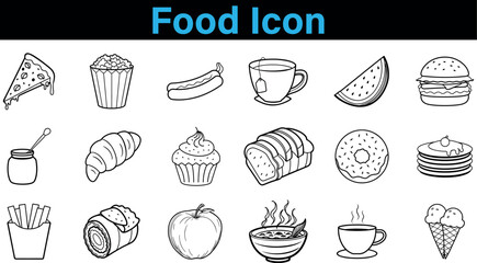 Collection of hand drawn food icons, isolated on transparent background, featuring pizza, burger, fries, coffee, and dessert items