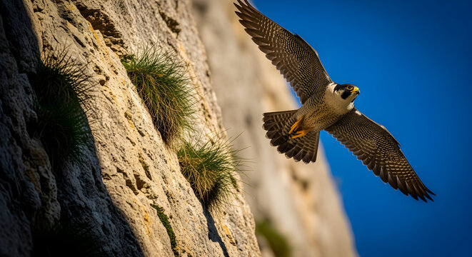 Majestic falcon soars through the clear blue sky near a rugged cliff face with grass tufts
