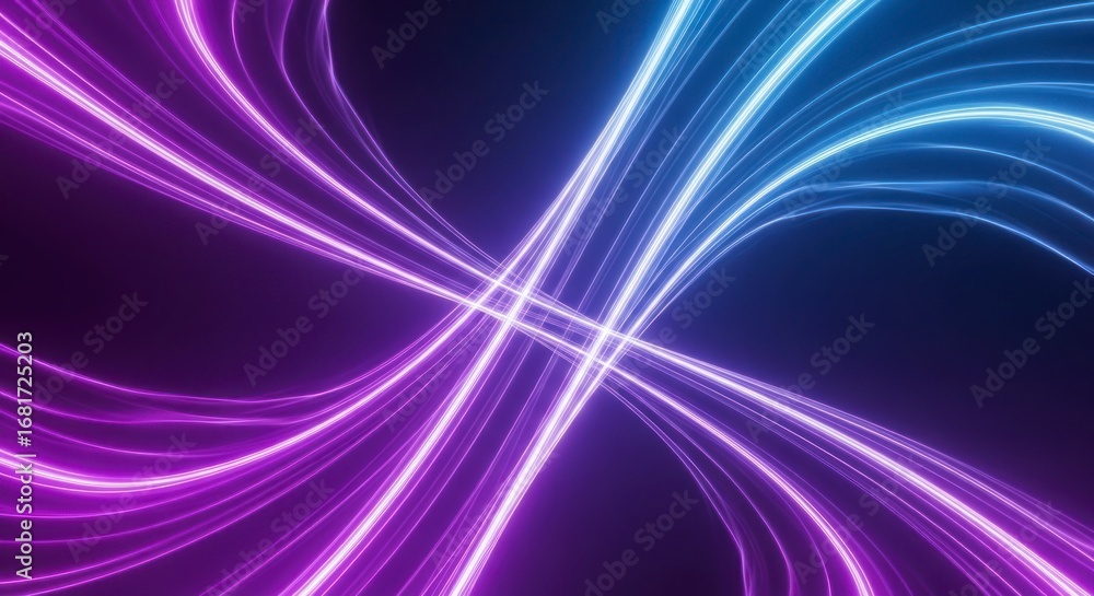 Poster abstract design featuring vibrant purple and blue neon lines that intertwine and curve across a dark