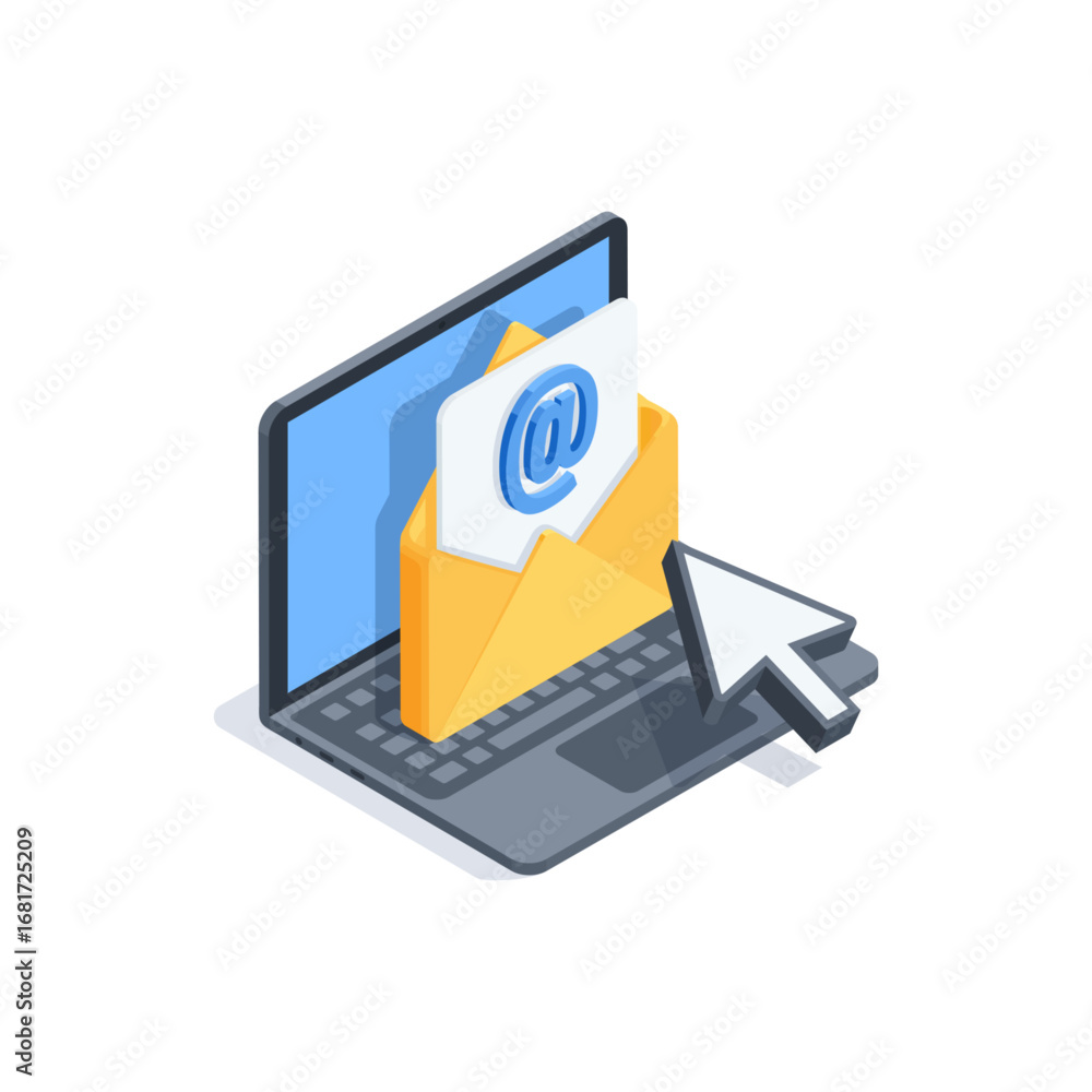 Poster isometric vector icon of laptop and open envelope with arrow pointer, in color on white background, 