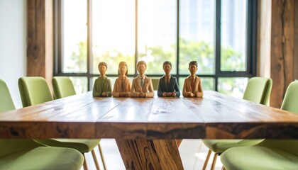 Wooden figurines sit on a long conference table in a bright office