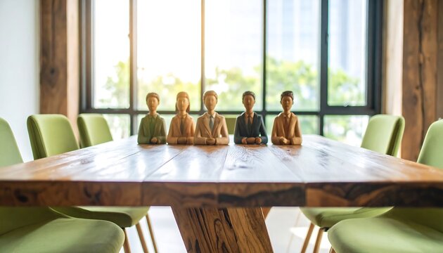 Wooden figurines sit on a long conference table in a bright office - Powered by Adobe