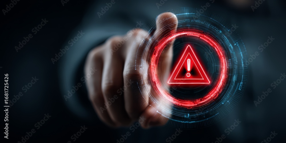 Poster hand pointing to a red circle with an exclamation point in the middle. concept of urgency or danger