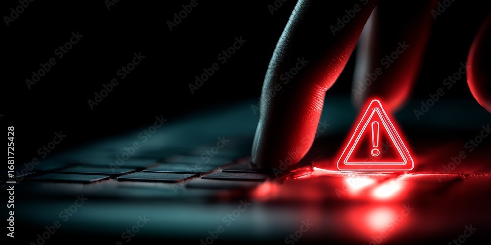 Aufkleber hand is pointing at a red triangle on a keyboard. the triangle is lit up and he is an exclamation po