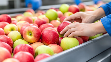 Hands of a worker in blue gloves sorting fresh red and green apples on a conveyor belt in a modern packing facility, showcasing the fruit selection process and quality control