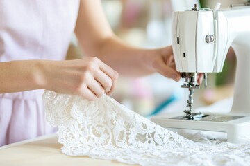 Female seamstress working on a sewing machine, carefully stitching delicate lace fabric, showcasing craftsmanship and attention to detail in a bright, inviting workspace with soft colors