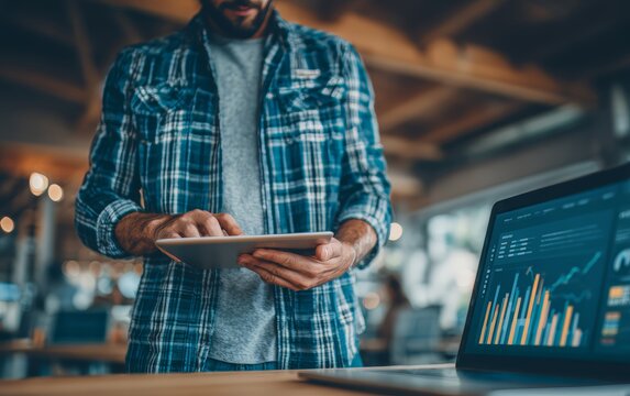 Man is standing in front of a laptop and tablet, working on a project that involves analyzing and presenting data